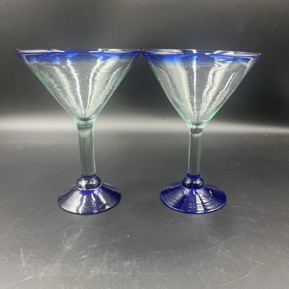 Jumbo Margarita Martini Glasses 2 Hand Blown Mexico Cobalt Blue Clear‎